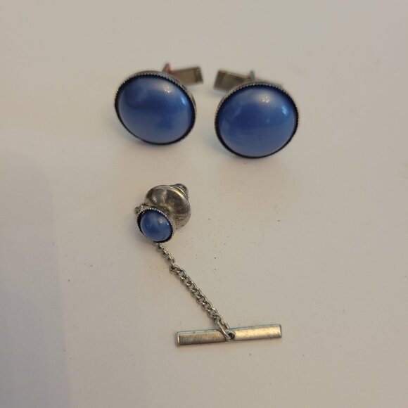 Vintage Fabil Blue Cufflinks & Tie Tack Set In Original Box - Picture 2 of 3
